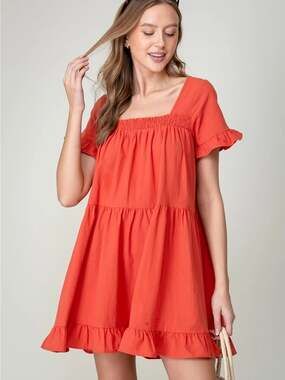 NEW Women's Orange Square-Neck Ruffled Babydoll Dress Lumiere size Large